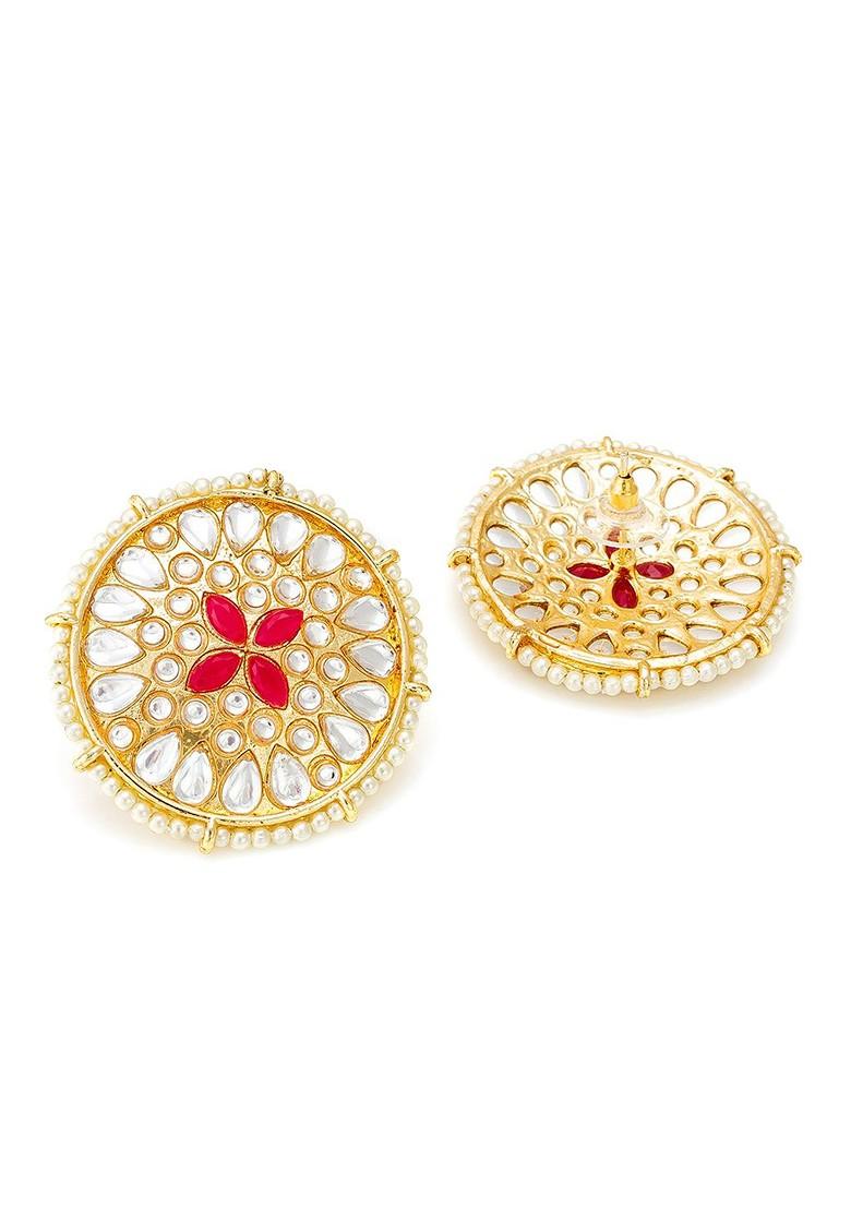 Women Gold Toned Pearl Drop Circular Studs Earrings