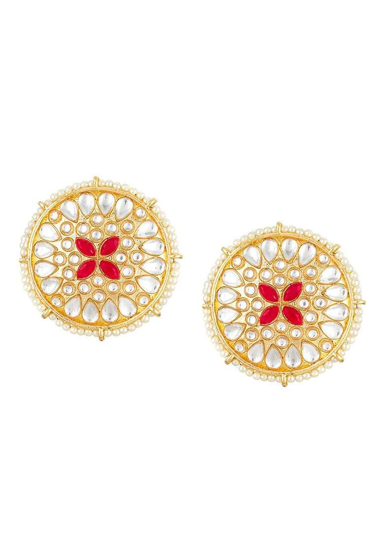 Women Gold Toned Pearl Drop Circular Studs Earrings - Indya