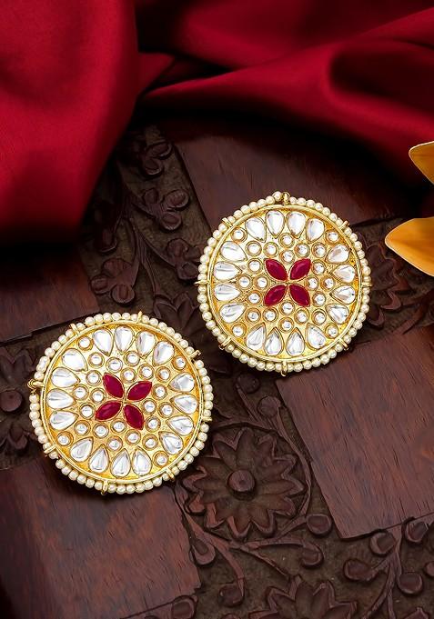 Women Gold Toned Pearl Drop Circular Studs Earrings