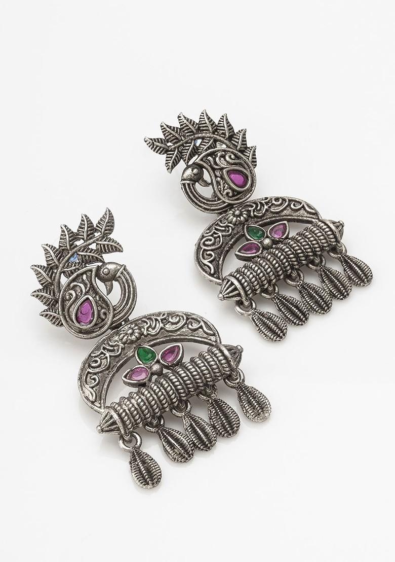 Silver Gold Plated Stone Studded Silver Contemporary Drop Earrings