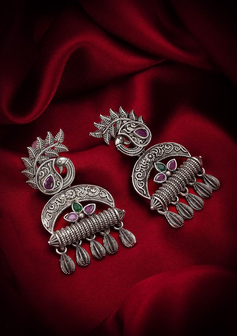 Silver Gold Plated Stone Studded Silver Contemporary Drop Earrings