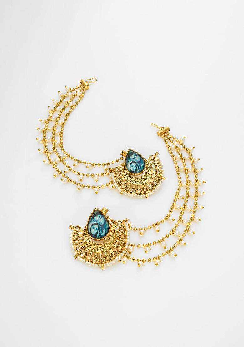 Gold Plated Kundan Studded And Artificial Beaded Contemporary Shaped Ear Chains