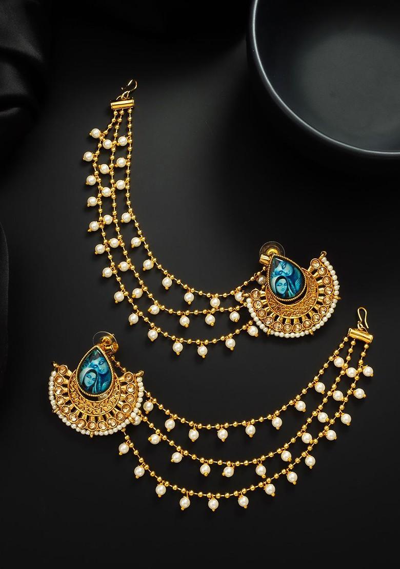 Gold Plated Kundan Studded And Artificial Beaded Contemporary Shaped Ear Chains