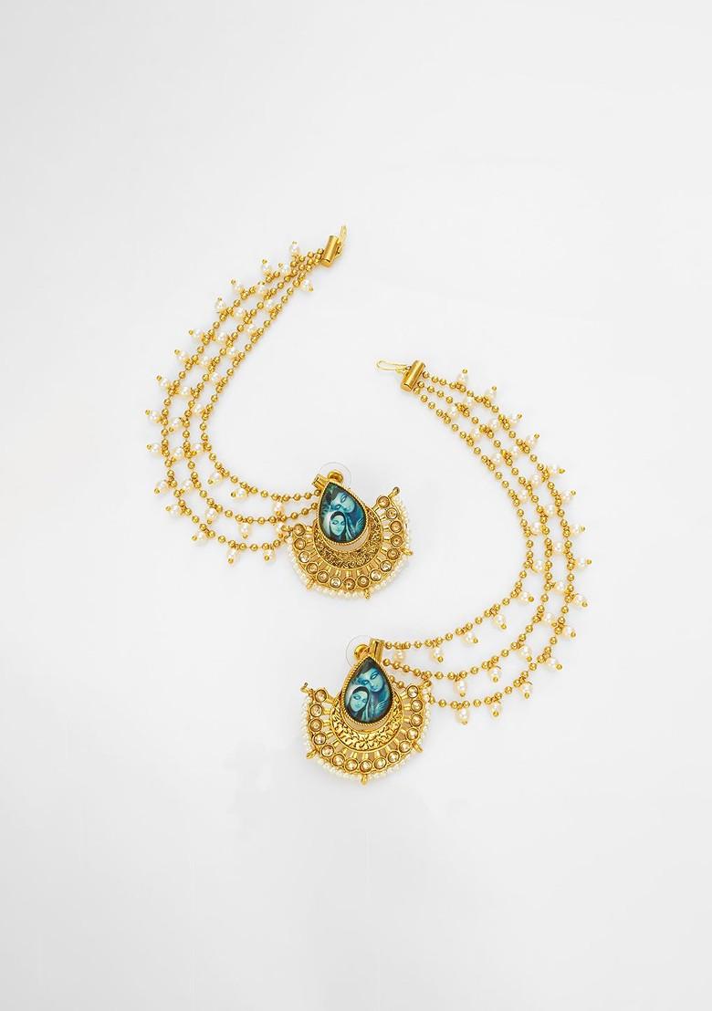 Gold Plated Kundan Studded And Artificial Beaded Contemporary Shaped Ear Chains