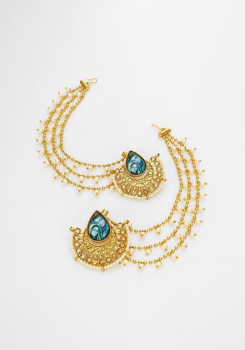 Gold Plated Kundan Studded And Artificial Beaded Contemporary Shaped Ear Chains