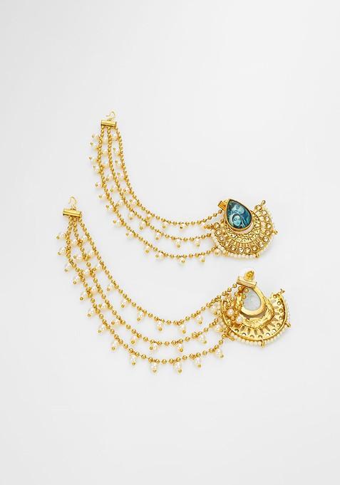 Gold Plated Kundan Studded And Artificial Beaded Contemporary Shaped Ear Chains