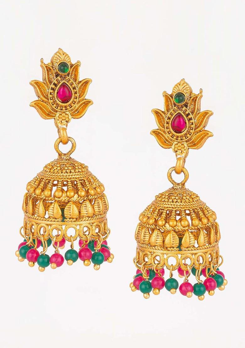 Gold Plated Stone Studded And Beaded Dome Shaped Jhumkas