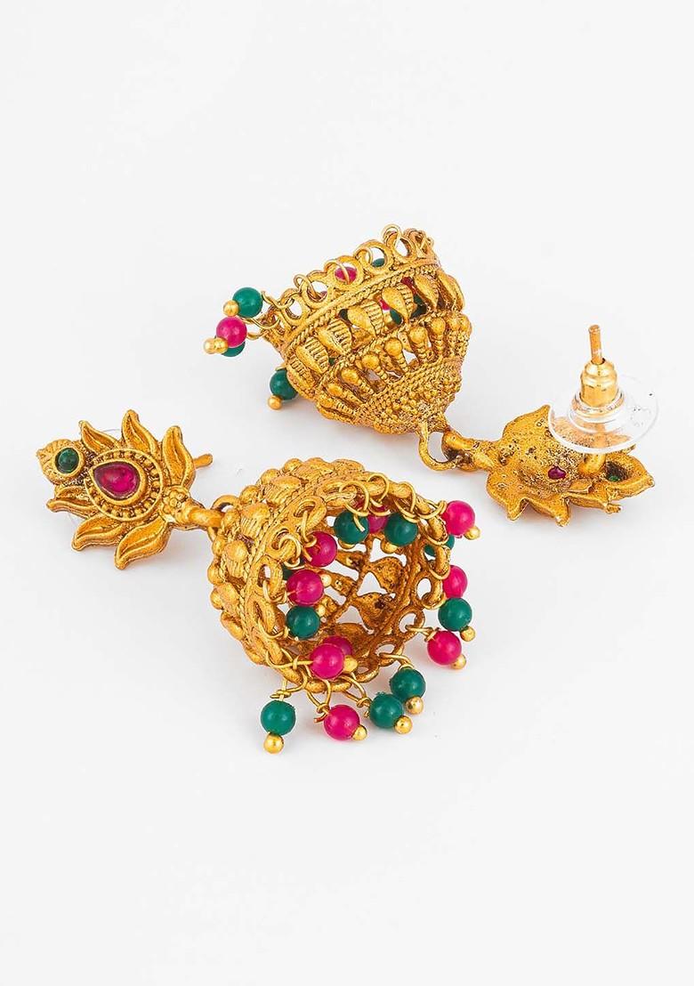 Gold Plated Stone Studded And Beaded Dome Shaped Jhumkas