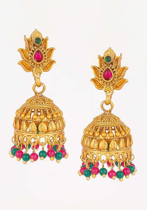 Gold Plated Stone Studded And Beaded Dome Shaped Jhumkas