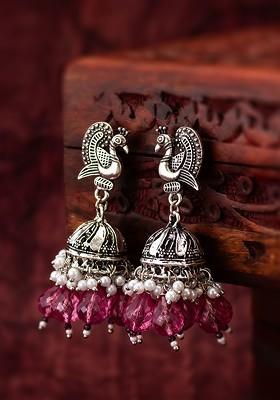Silver Dome Shaped Kundan Studded And Beaded Jhumkas