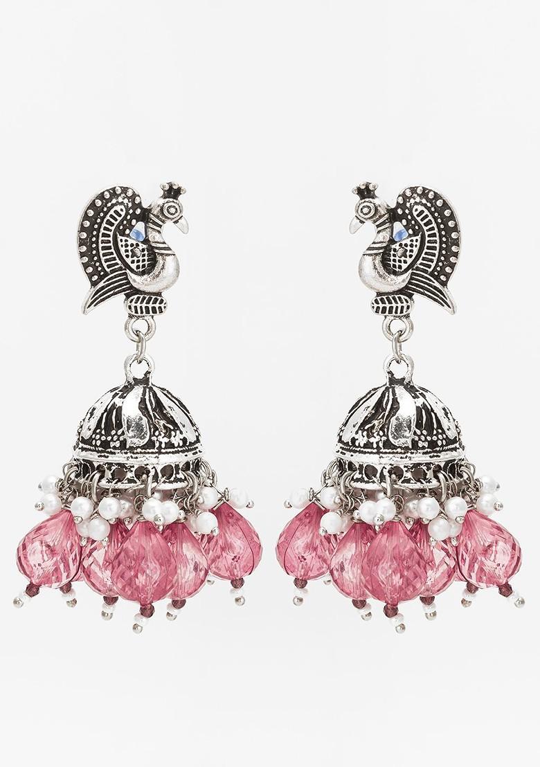 Silver Dome Shaped Kundan Studded And Beaded Jhumkas