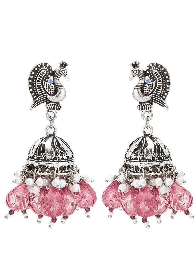 Silver Dome Shaped Kundan Studded And Beaded Jhumkas