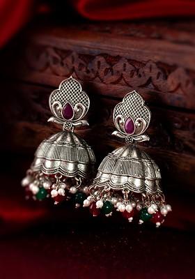 Silver Gold Plated Stone Studded And Beaded Silver Dome Shaped Jhumkas