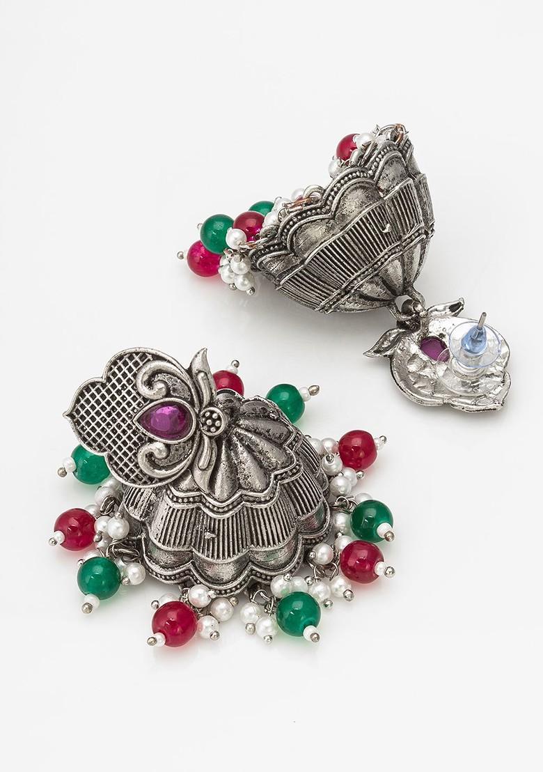 Silver Gold Plated Stone Studded And Beaded Silver Dome Shaped Jhumkas