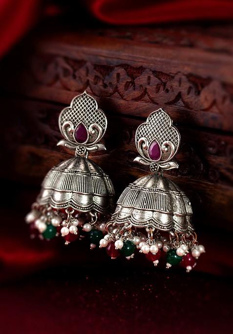 Silver Gold Plated Stone Studded And Beaded Silver Dome Shaped Jhumkas