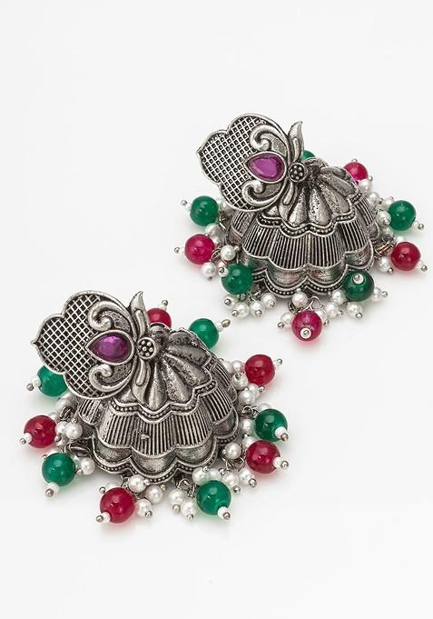 Silver Gold Plated Stone Studded And Beaded Silver Dome Shaped Jhumkas