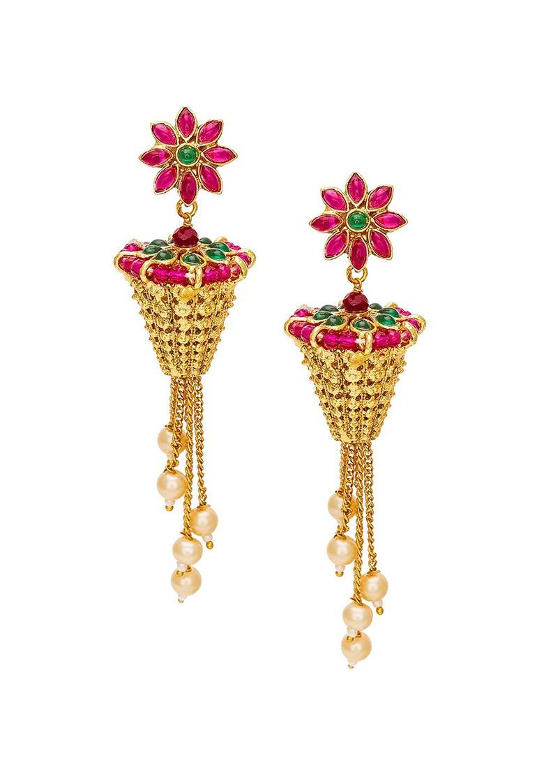 Gold Plated Pink Floral Jhumkas Earrings