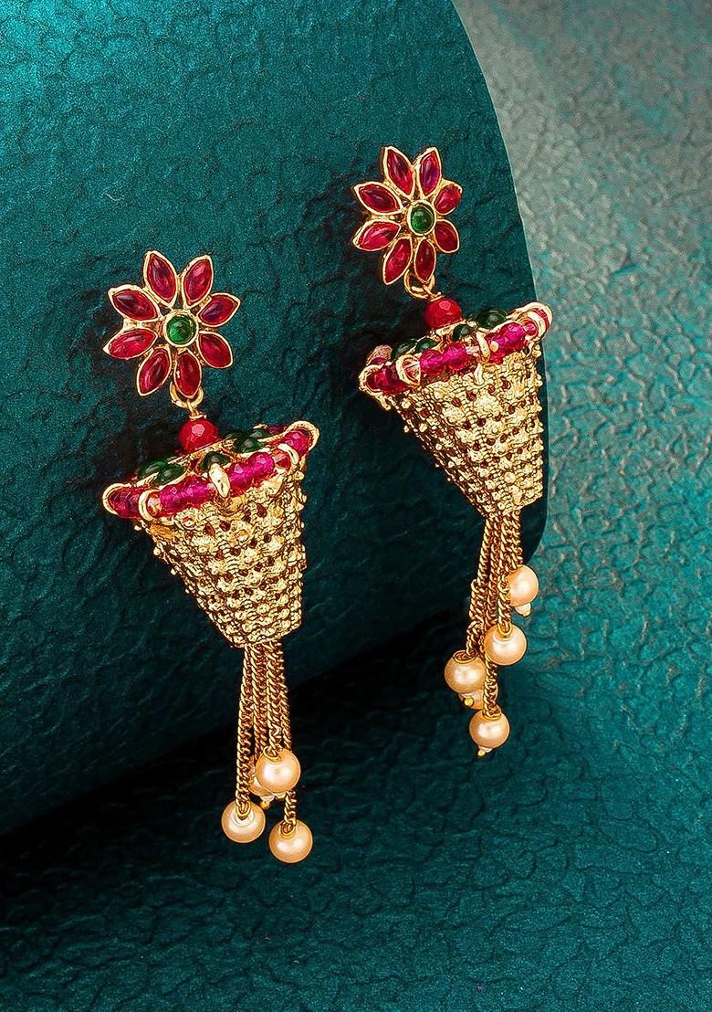 Gold Plated Pink Floral Jhumkas Earrings