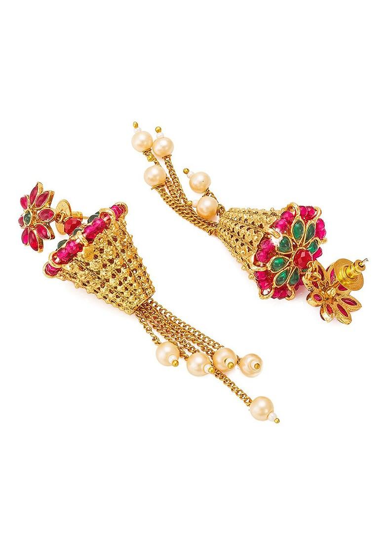 Gold Plated Pink Floral Jhumkas Earrings