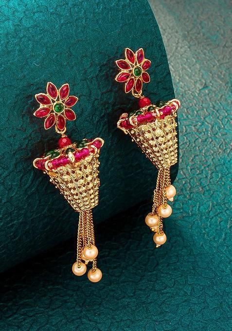 Gold Plated Pink Floral Jhumkas Earrings