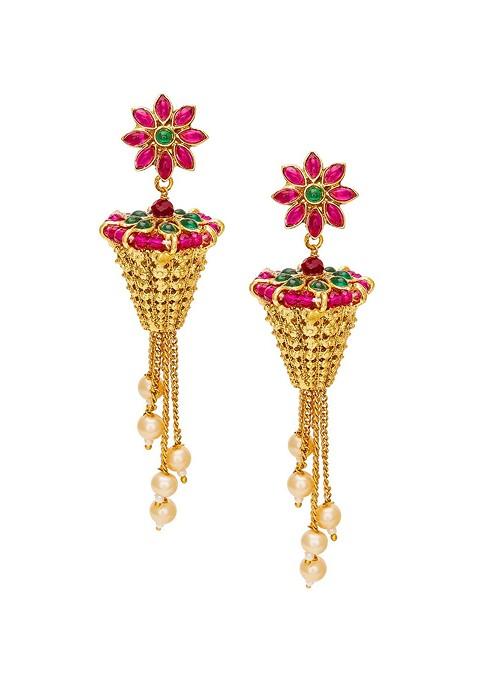 Gold Plated Pink Floral Jhumkas Earrings