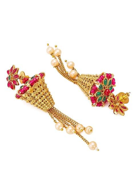 Gold Plated Pink Floral Jhumkas Earrings