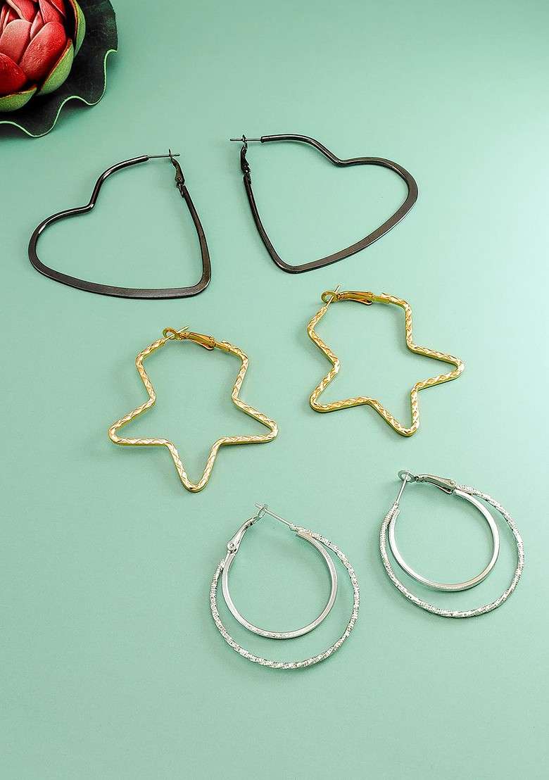 Set Of 3 Gold And Silver Plated Geometric Hoop Earrings - Indya