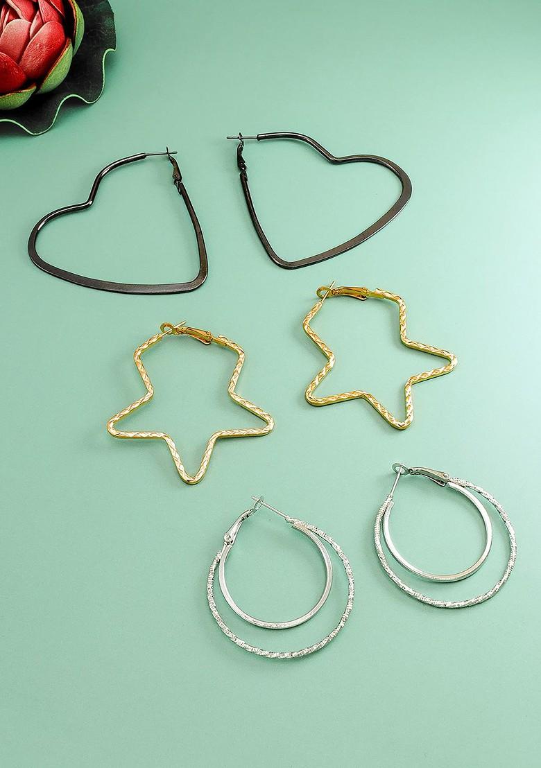 Set Of 3 Gold And Silver Plated Geometric Hoop Earrings