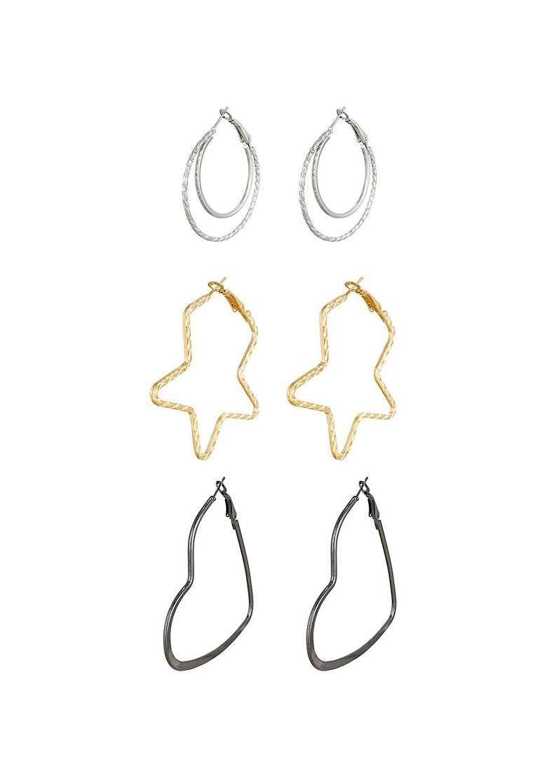 Set Of 3 Gold And Silver Plated Geometric Hoop Earrings - Indya