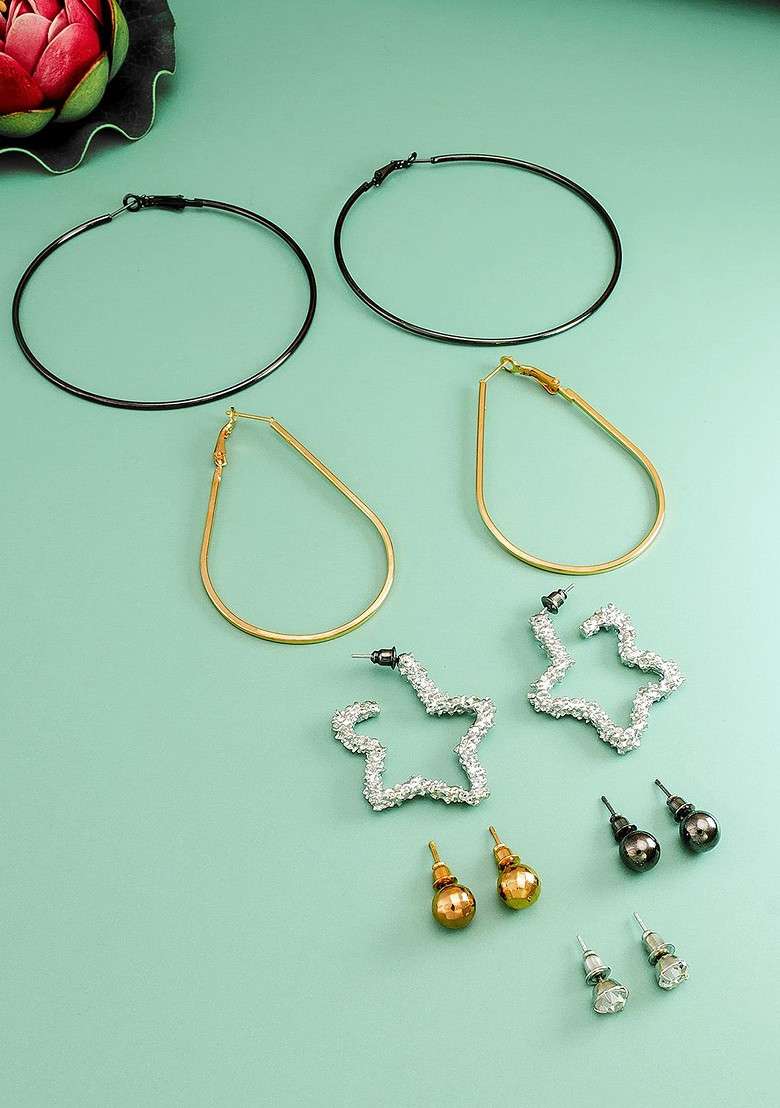 Set Of 6 Gold Plated Geometric Hoop And Stud Earrings - Indya