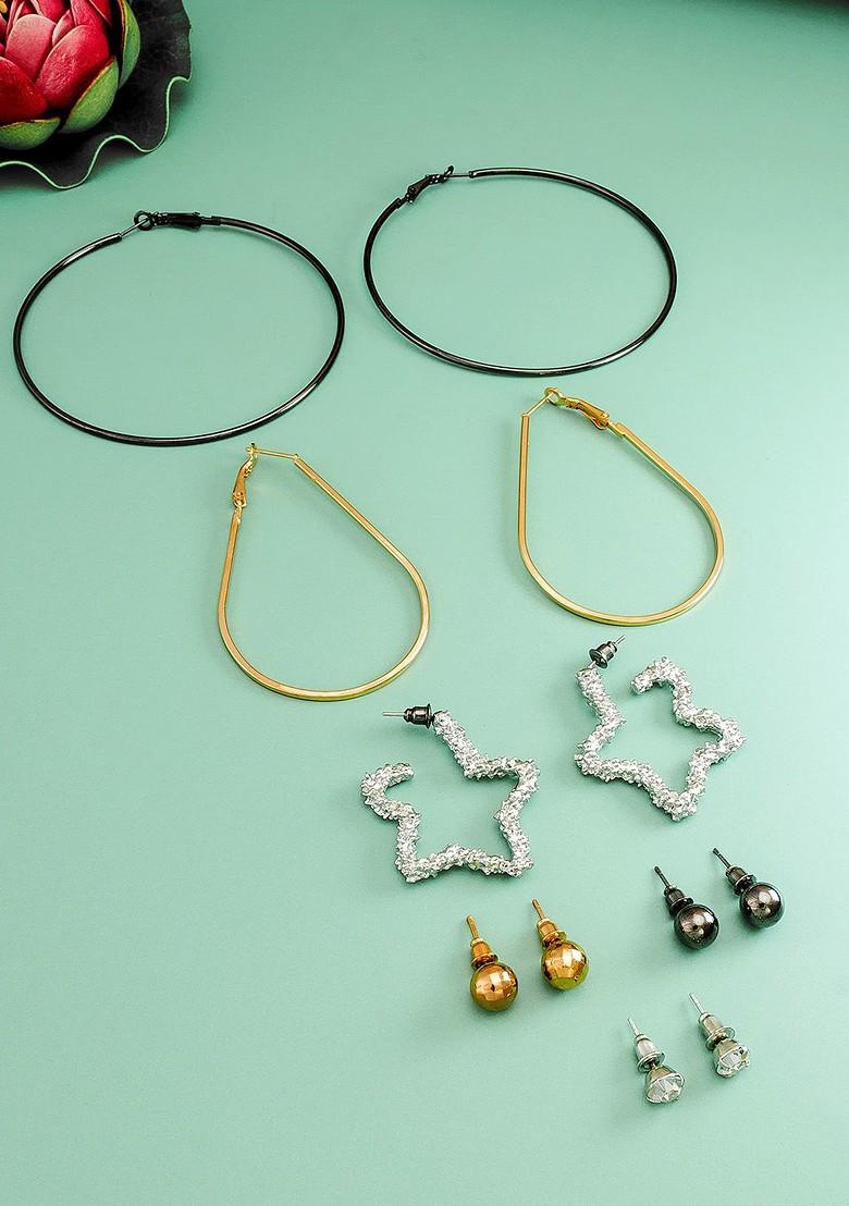 Set Of 6 Gold Plated Geometric Hoop And Stud Earrings