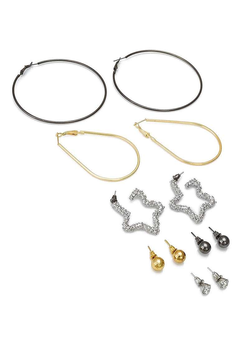 Set Of 6 Gold Plated Geometric Hoop And Stud Earrings - Indya