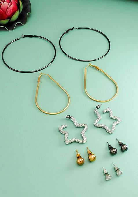 Set Of 6 Gold Plated Geometric Hoop And Stud Earrings