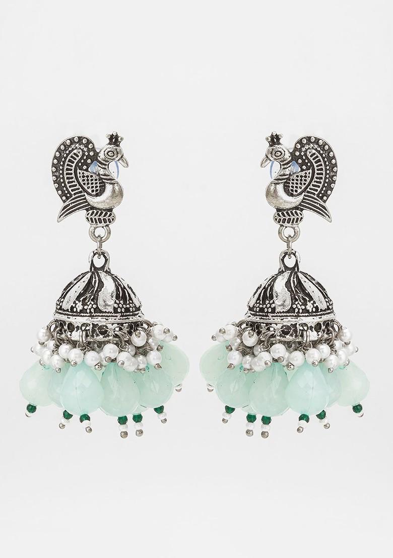 Silver Dome Shaped Kundan Studded And Beaded Jhumkas