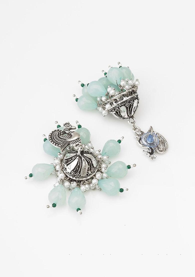 Silver Dome Shaped Kundan Studded And Beaded Jhumkas