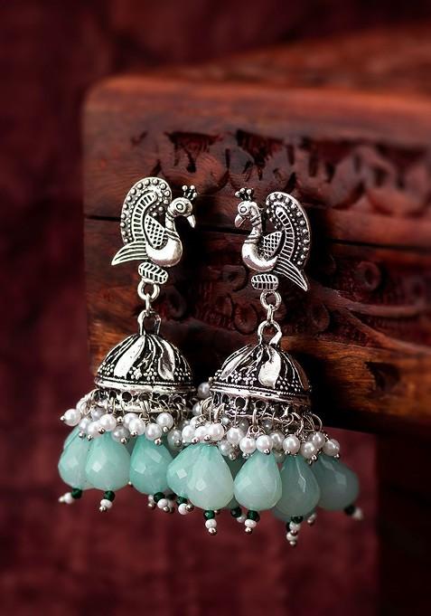 Silver Dome Shaped Kundan Studded And Beaded Jhumkas