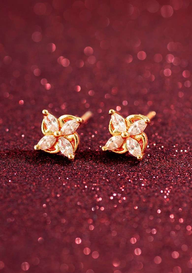Gold Plated Stone Studded Contemporary Studs Earrings - Indya