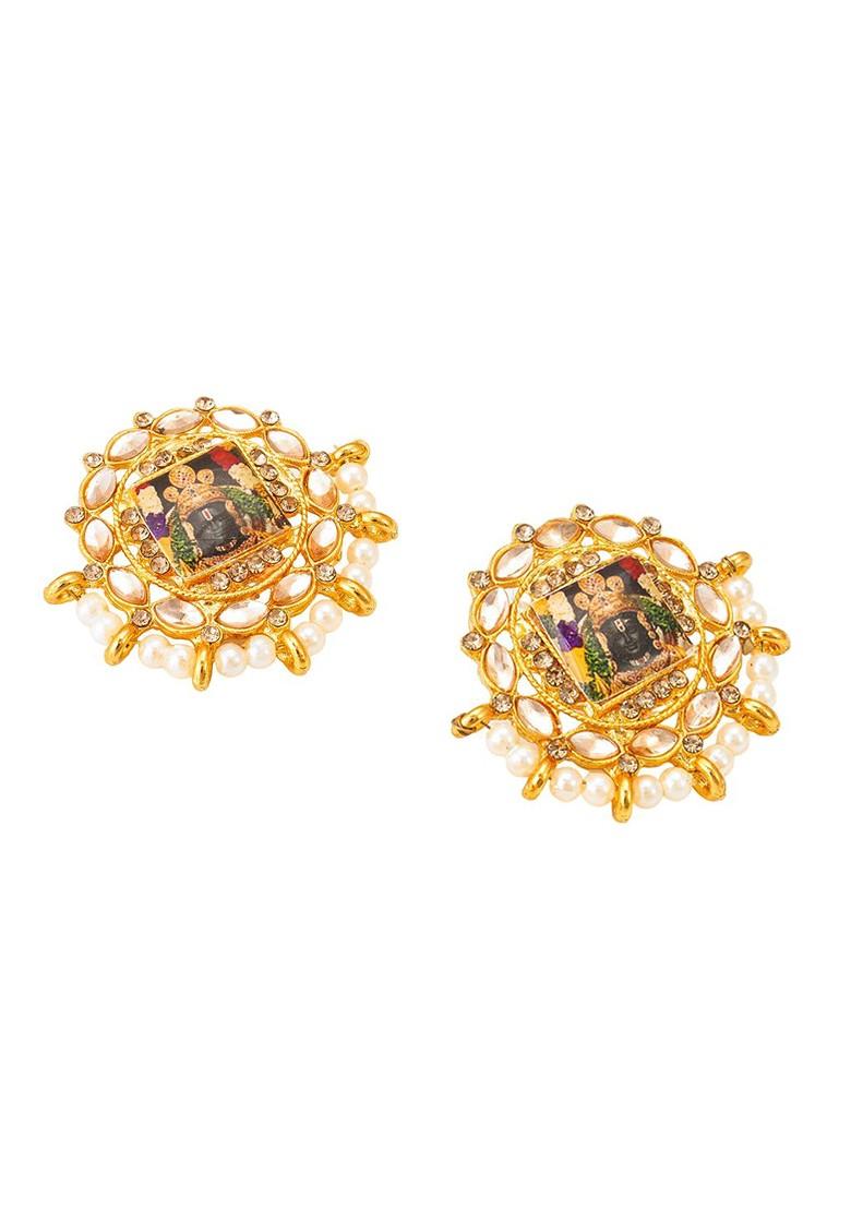Gold Plated Stones Studded And Beaded Circular Studs Earrings