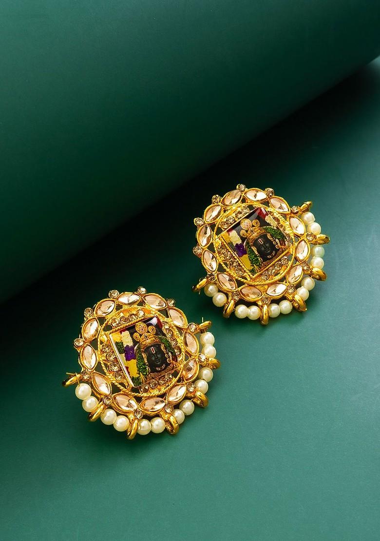 Gold Plated Stones Studded And Beaded Circular Studs Earrings