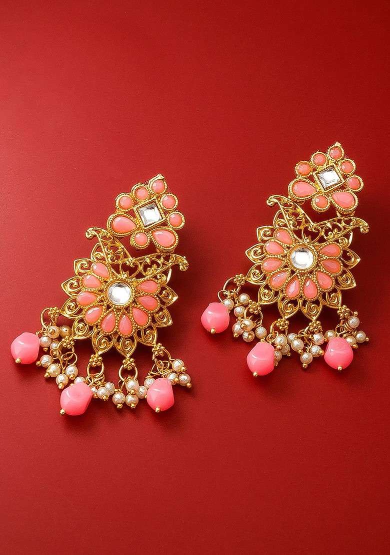 Gold Toned And Pink Contemporary Drop Earrings - Indya