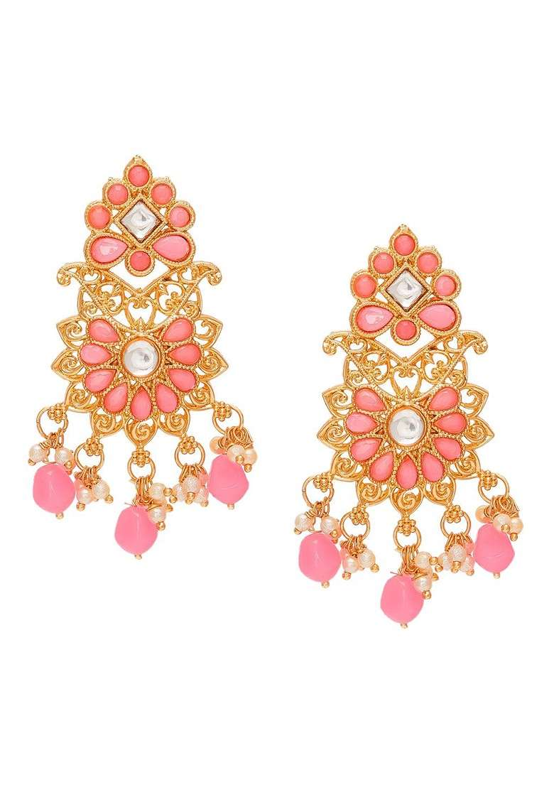 Gold Toned And Pink Contemporary Drop Earrings - Indya