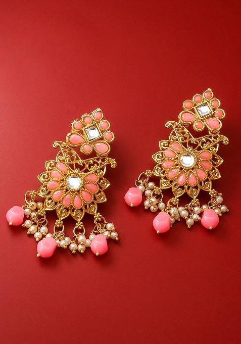 Gold Toned And Pink Contemporary Drop Earrings