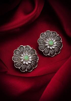 Silver Gold Plated Stone Studded Silver Contemporary Studs Earrings