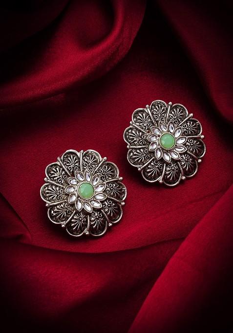 Silver Gold Plated Stone Studded Silver Contemporary Studs Earrings