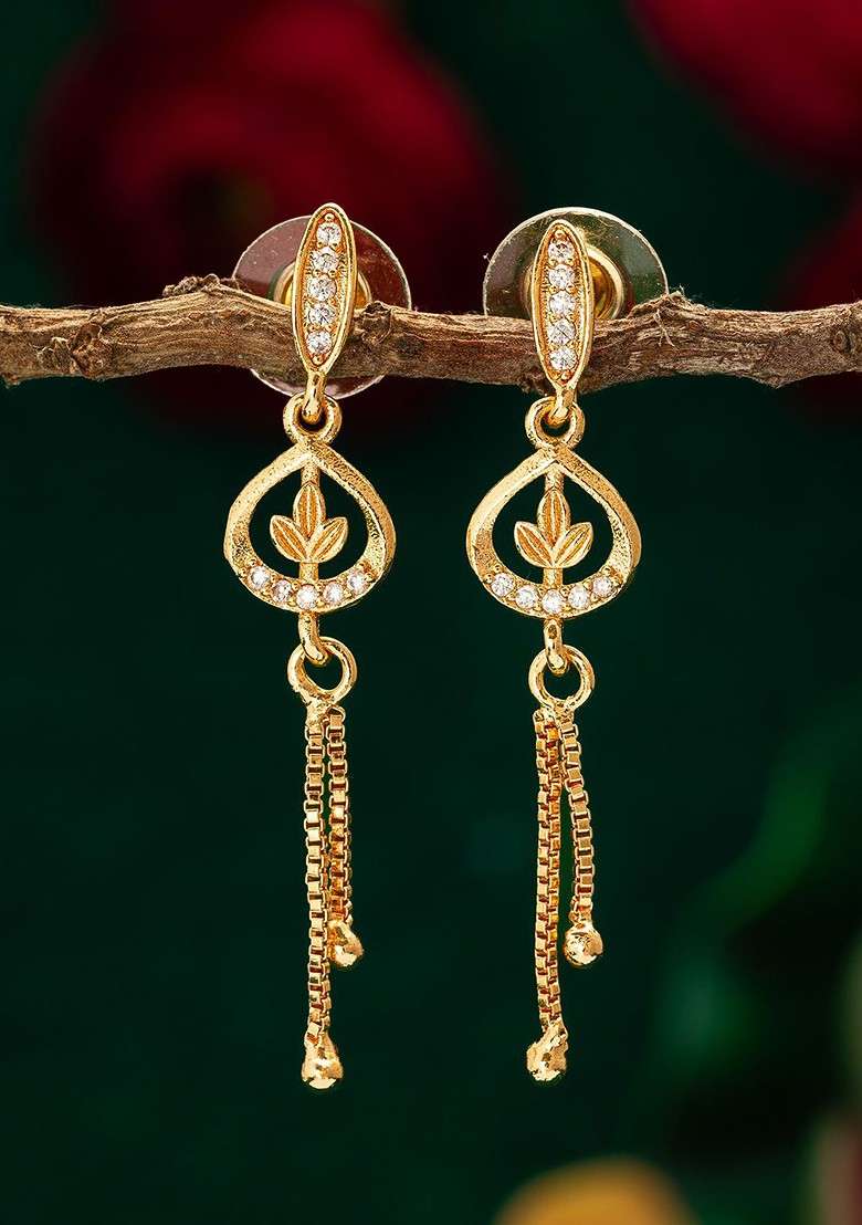 Gold Plated Stone Studded Contemporary Drop Earrings - Indya