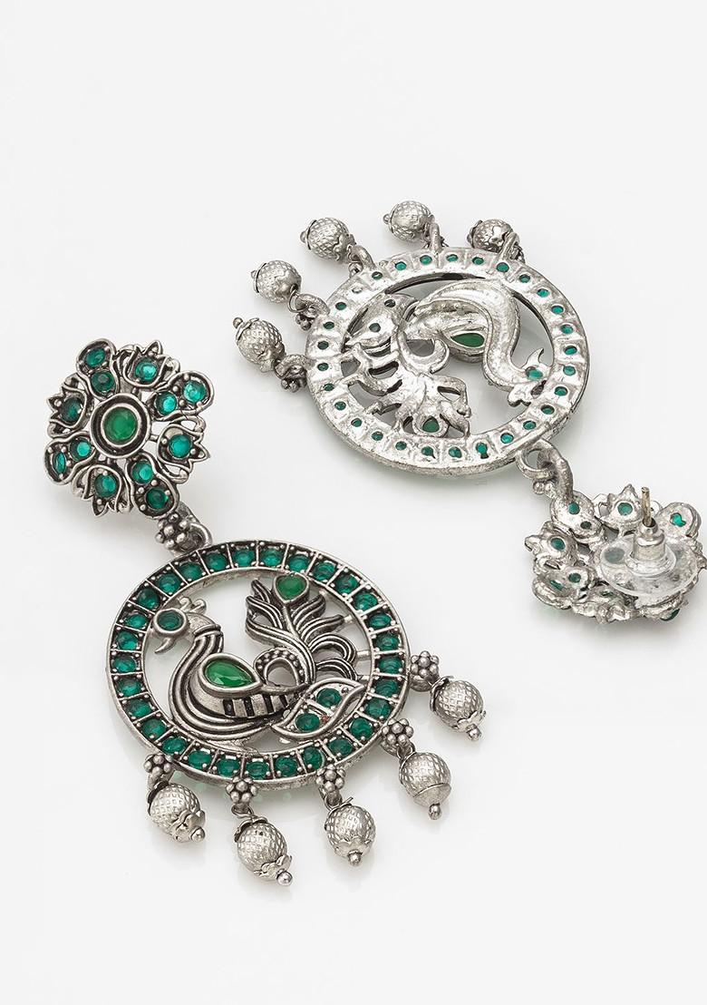 Silver Gold Plated Stone Studded And Beaded Silver Contemporary Drop Earrings