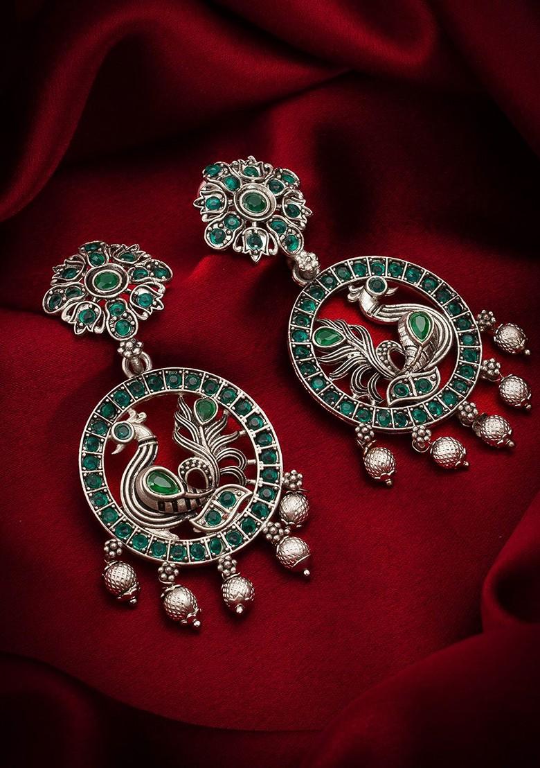 Silver Gold Plated Stone Studded And Beaded Silver Contemporary Drop Earrings