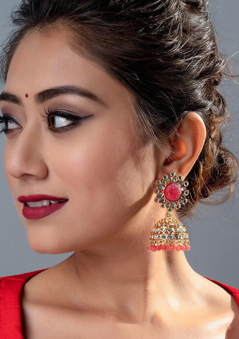 Gold Toned And Pink Geometric Jhumkas Earrings