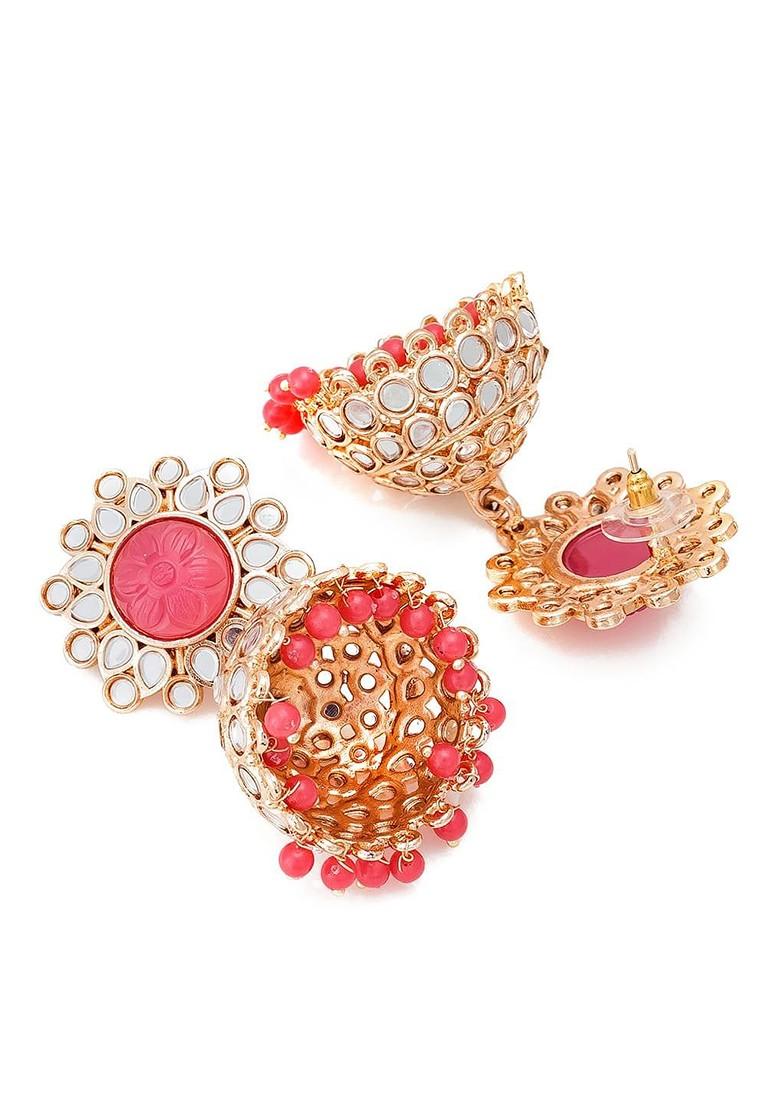 Gold Toned And Pink Geometric Jhumkas Earrings