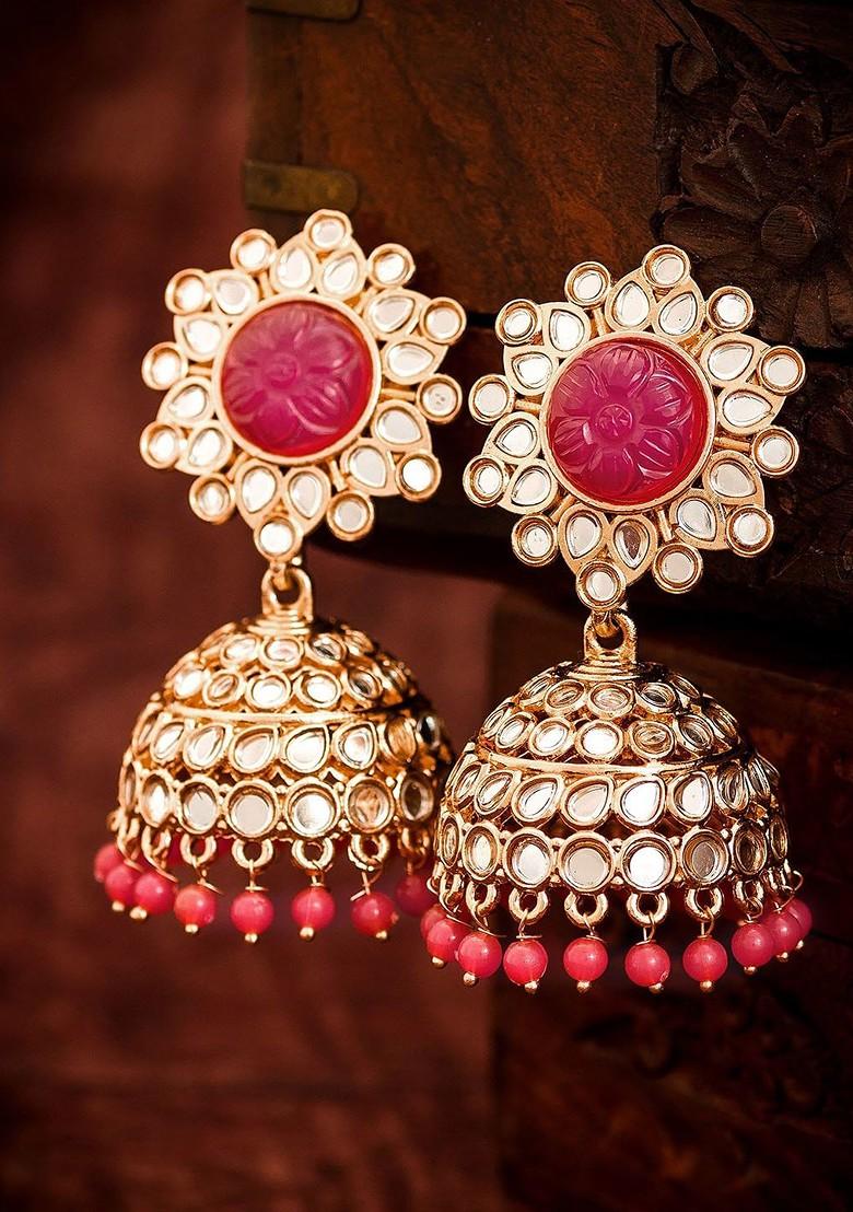 Gold Toned And Pink Geometric Jhumkas Earrings